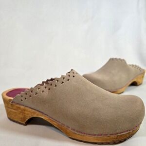 SANITA Taupe Suede Wooden Clogs Scalloped Pink Stitching Mules Womens 39 US 8.5